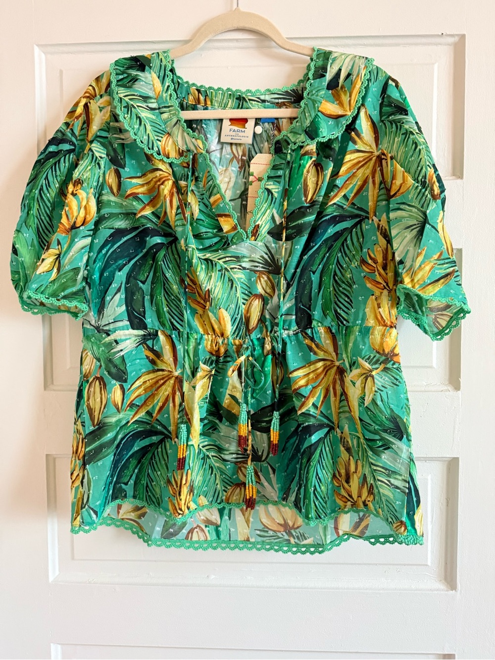 FARM Rio Green Tropical Leaf & Banana Print Peasant Blouse